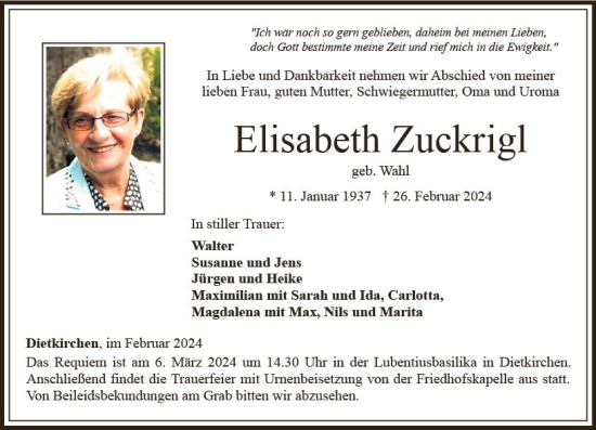 Traueranzeige von Elisabeth Zuckrigl von Nassauische Neue Presse