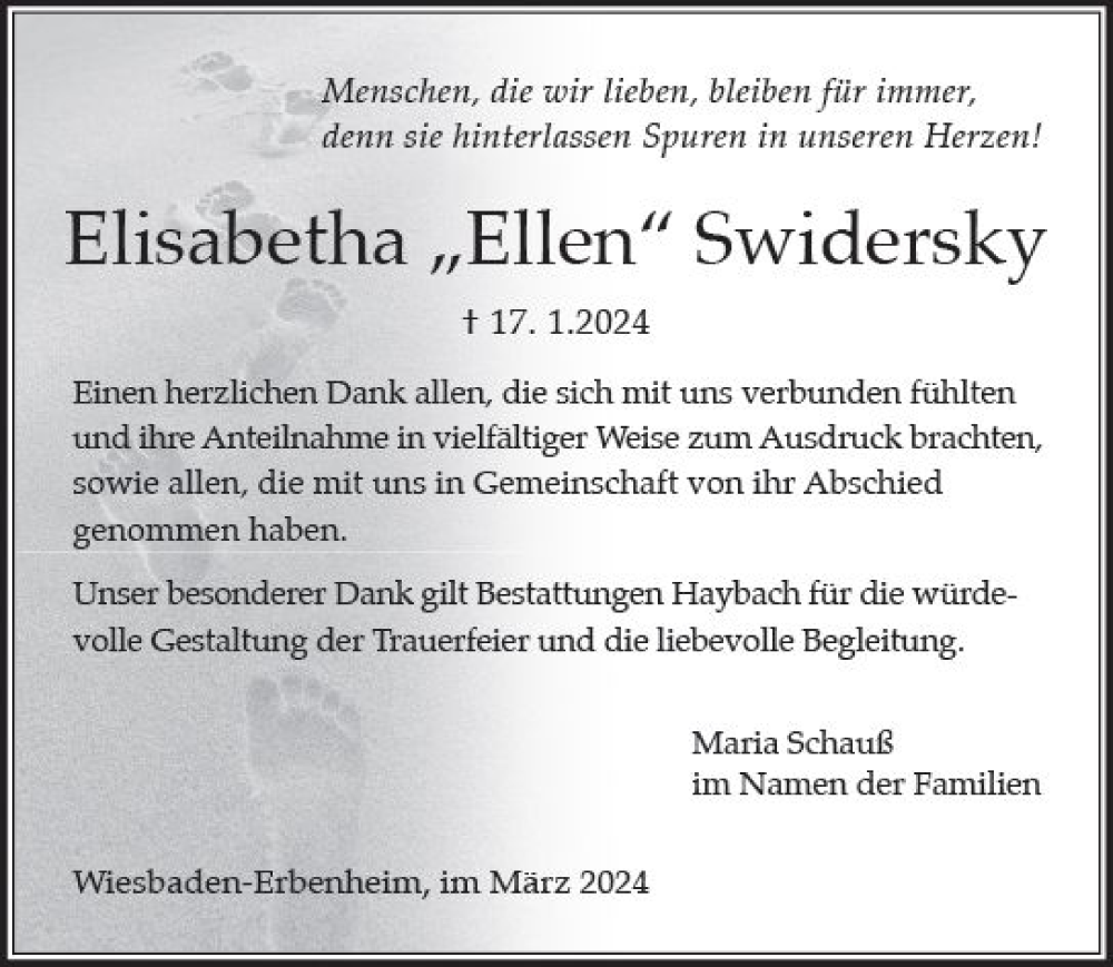 Traueranzeige für Elisabetha  Swidersky vom 02.03.2024 aus Wiesbadener Kurier
