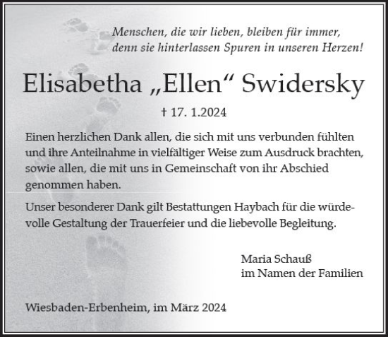 Traueranzeige von Elisabetha  Swidersky von Wiesbadener Kurier