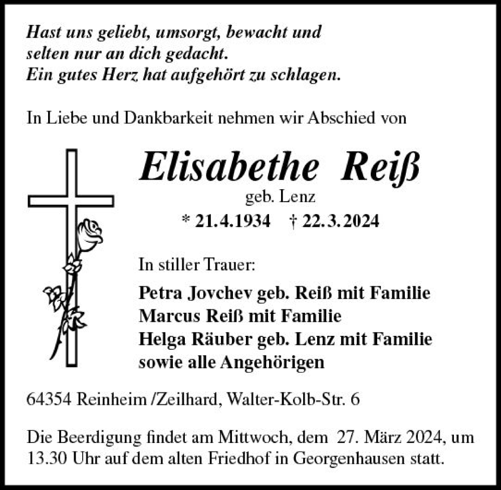  Traueranzeige für Elisabethe Reiß vom 25.03.2024 aus Darmstädter Echo