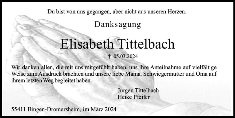  Traueranzeige für Elisaeth Tittelbach vom 30.03.2024 aus Allgemeine Zeitung Bingen/Ingelheim