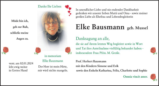 Traueranzeige von Elke Bausmann von Allgemeine Zeitung Alzey