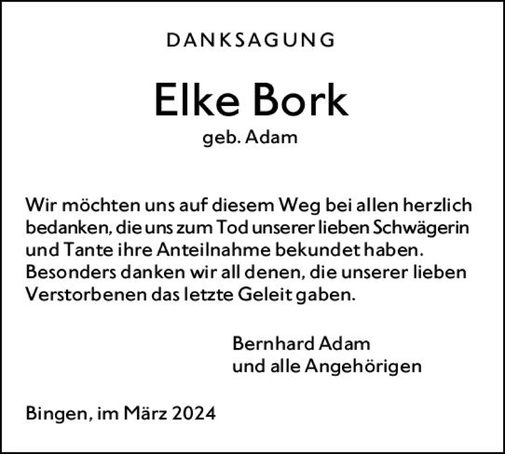  Traueranzeige für Elke Bork vom 08.03.2024 aus Allgemeine Zeitung Bingen/Ingelheim