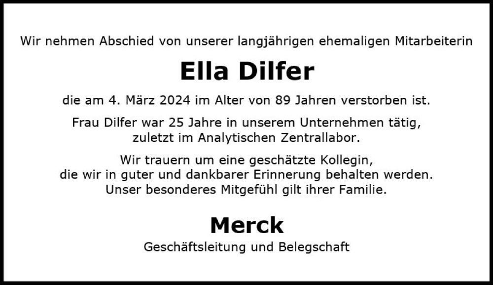  Traueranzeige für Ella Dilfer vom 23.03.2024 aus Darmstädter Echo
