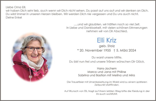 Traueranzeige von Elli Kriz von Wiesbadener Kurier