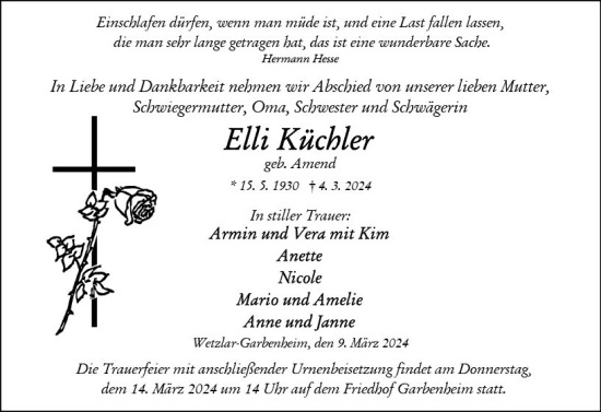 Traueranzeige von Elli Küchler von Wetzlarer Neue Zeitung