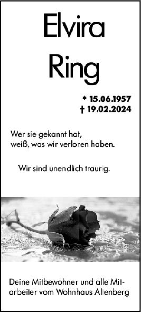  Traueranzeige für Elvira Ring vom 07.03.2024 aus Wetzlarer Neue Zeitung