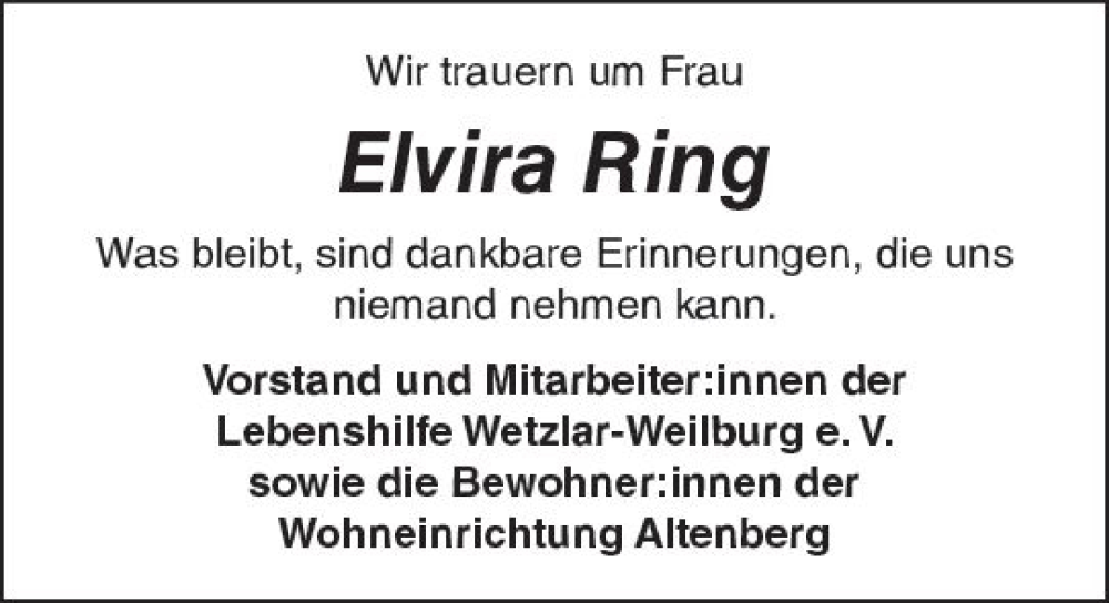  Traueranzeige für Elvira Ring vom 09.03.2024 aus Weilburger Tageblatt