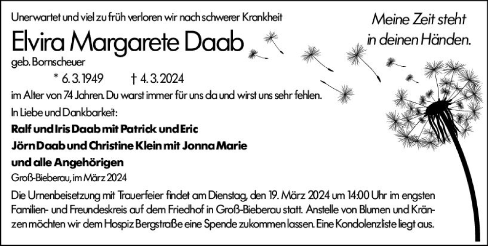  Traueranzeige für Elvira Margarete Daab vom 12.03.2024 aus Darmstädter Echo