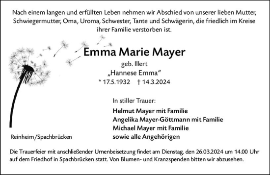 Traueranzeige von Emma Marie Mayer von Darmstädter Echo