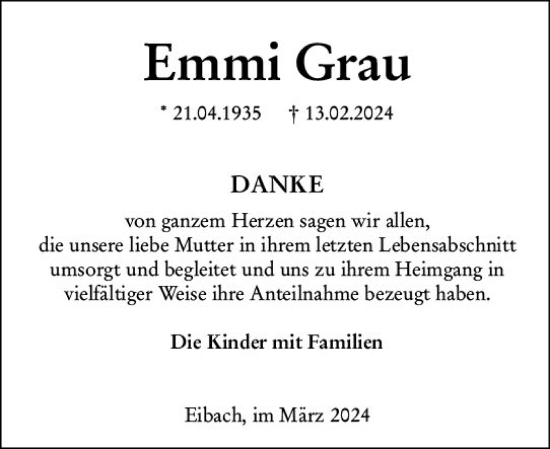 Traueranzeige von Emmi Grau von Dill Block