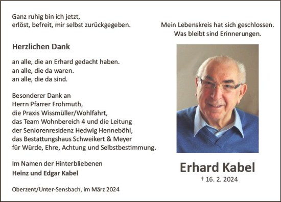 Traueranzeige von Erhard Kabel von Odenwälder Echo