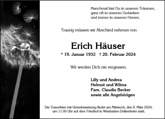 Traueranzeige von Erich Häuser von Wiesbadener Kurier