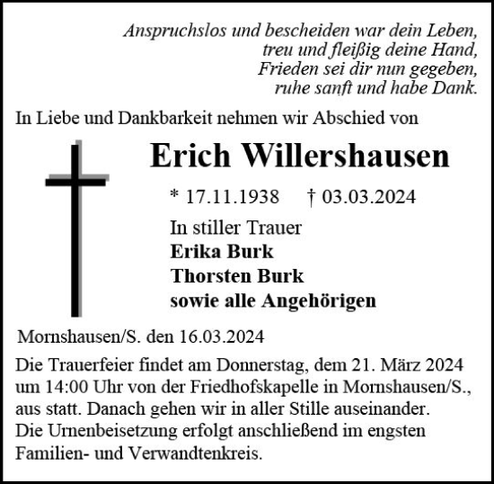 Traueranzeige von Erich Willershausen von Hinterländer Anzeiger