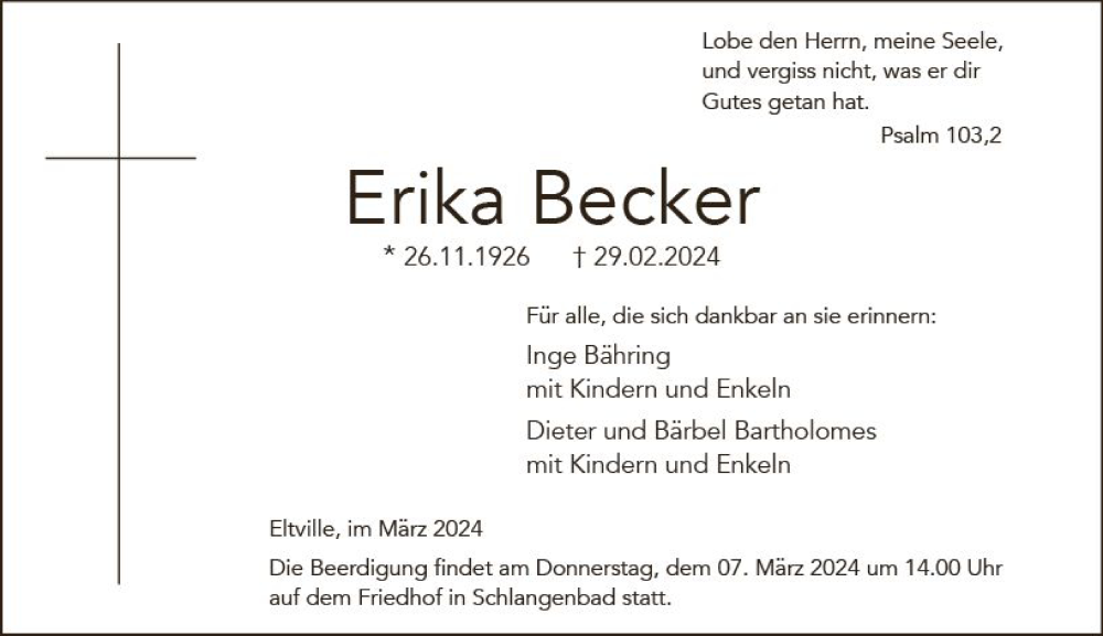  Traueranzeige für Erika Becker vom 02.03.2024 aus Rheingau Kurier
