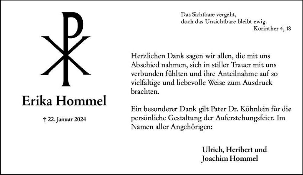  Traueranzeige für Erika Hommel vom 30.03.2024 aus Allgemeine Zeitung Mainz