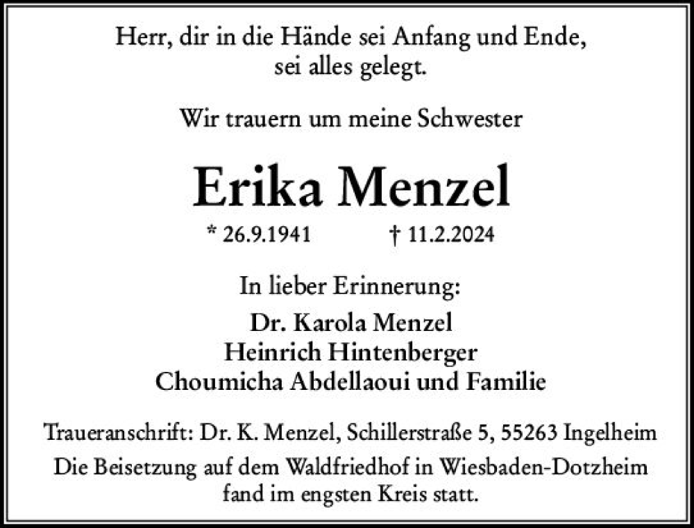  Traueranzeige für Erika Menzel vom 09.03.2024 aus Wiesbadener Kurier
