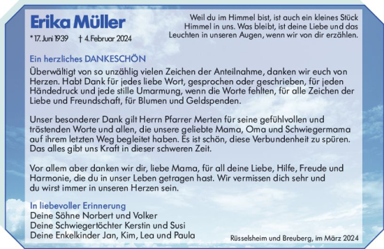 Traueranzeige von Erika Müller von Rüsselsheimer Echo