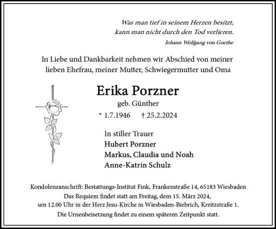 Traueranzeige von Erika Porzner von Wiesbadener Kurier