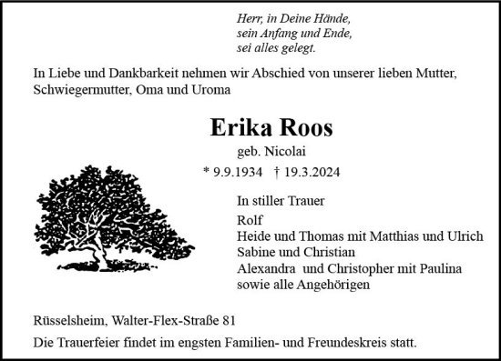 Traueranzeige von Erika Roos von Rüsselsheimer Echo