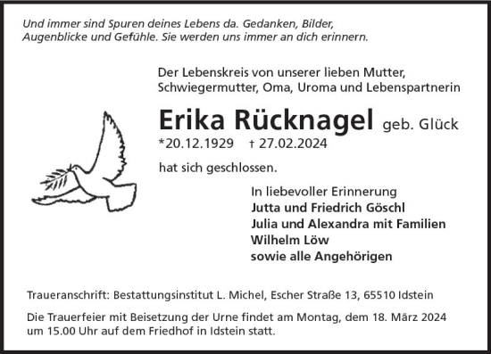 Traueranzeige von Erika Rücknagel von Idsteiner Land/Untertaunus