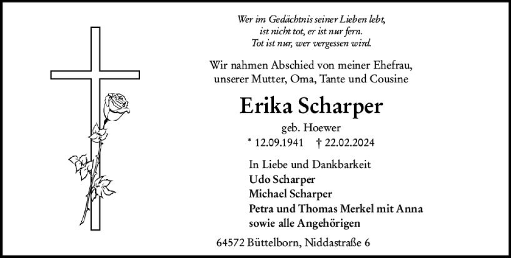  Traueranzeige für Erika Scharper vom 16.03.2024 aus Groß-Gerauer Echo