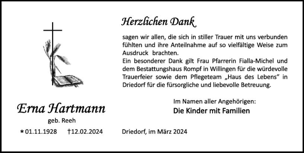  Traueranzeige für Erna Hartmann vom 16.03.2024 aus Dill Block