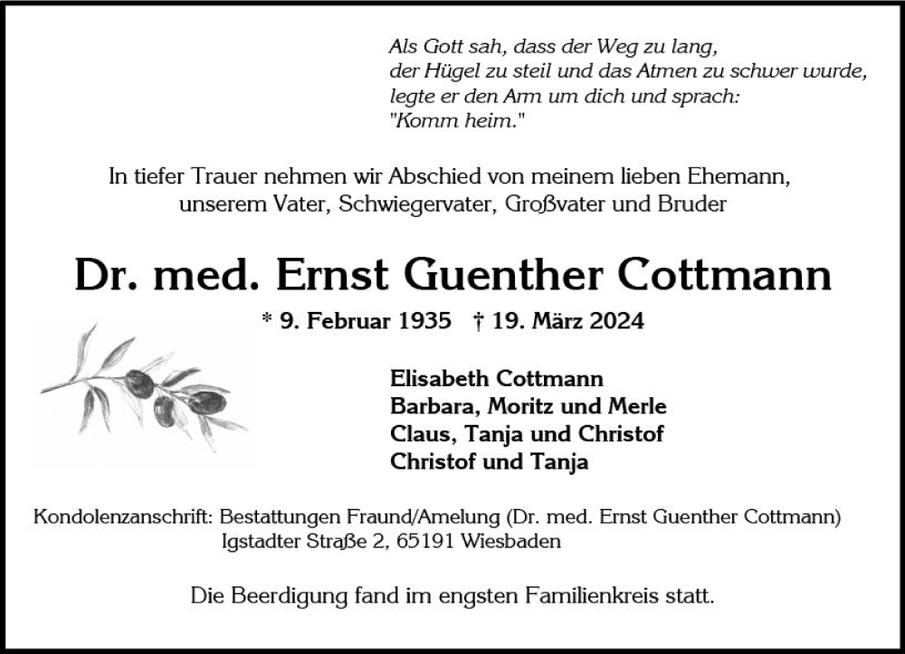  Traueranzeige für Ernst Guenther Cottmann vom 30.03.2024 aus Wiesbadener Kurier