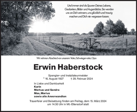 Traueranzeige von Erwin Haberstock von Wiesbadener Kurier