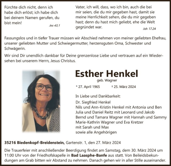Traueranzeige von Esther Henkel von Hinterländer Anzeiger