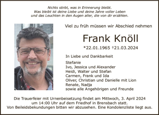 Traueranzeige von Frank Knöll von Odenwälder Echo