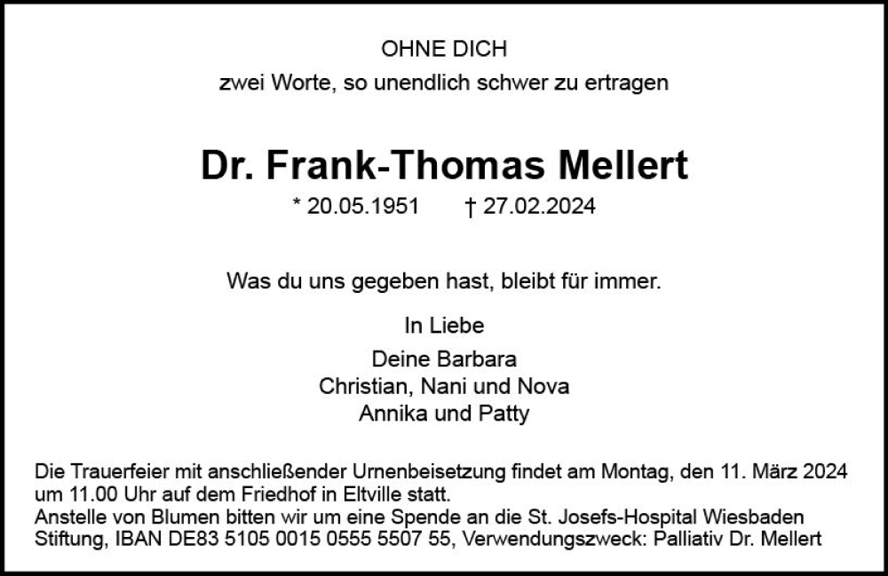  Traueranzeige für Frank-Thomas Mellert vom 02.03.2024 aus Wiesbadener Kurier
