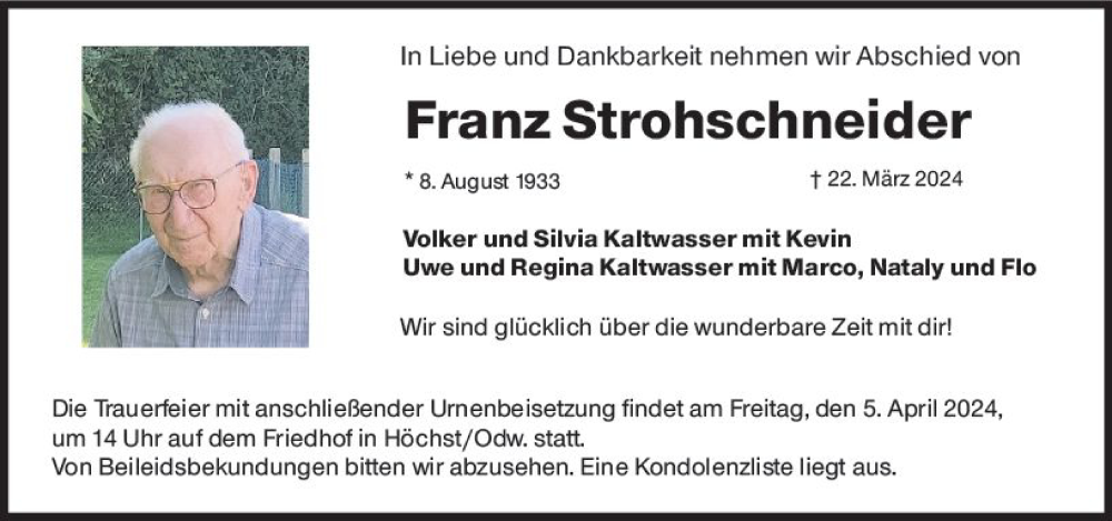  Traueranzeige für Franz Strohschneider vom 30.03.2024 aus Odenwälder Echo