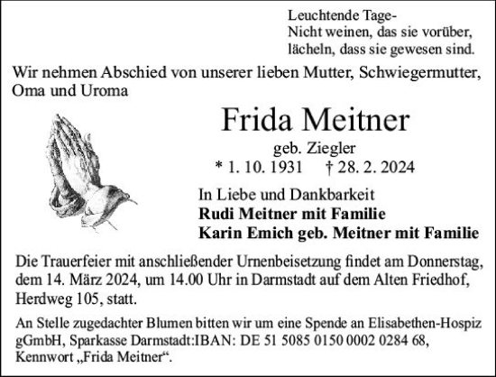 Traueranzeige von Frida Meitner von Darmstädter Echo