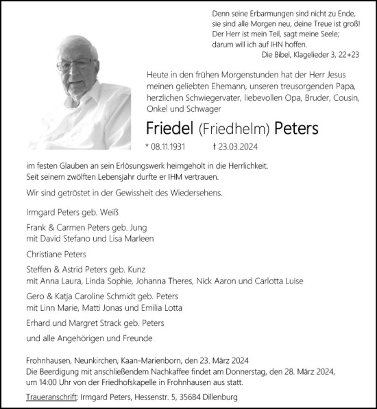 Traueranzeige von Friedel Peters von Dill Block