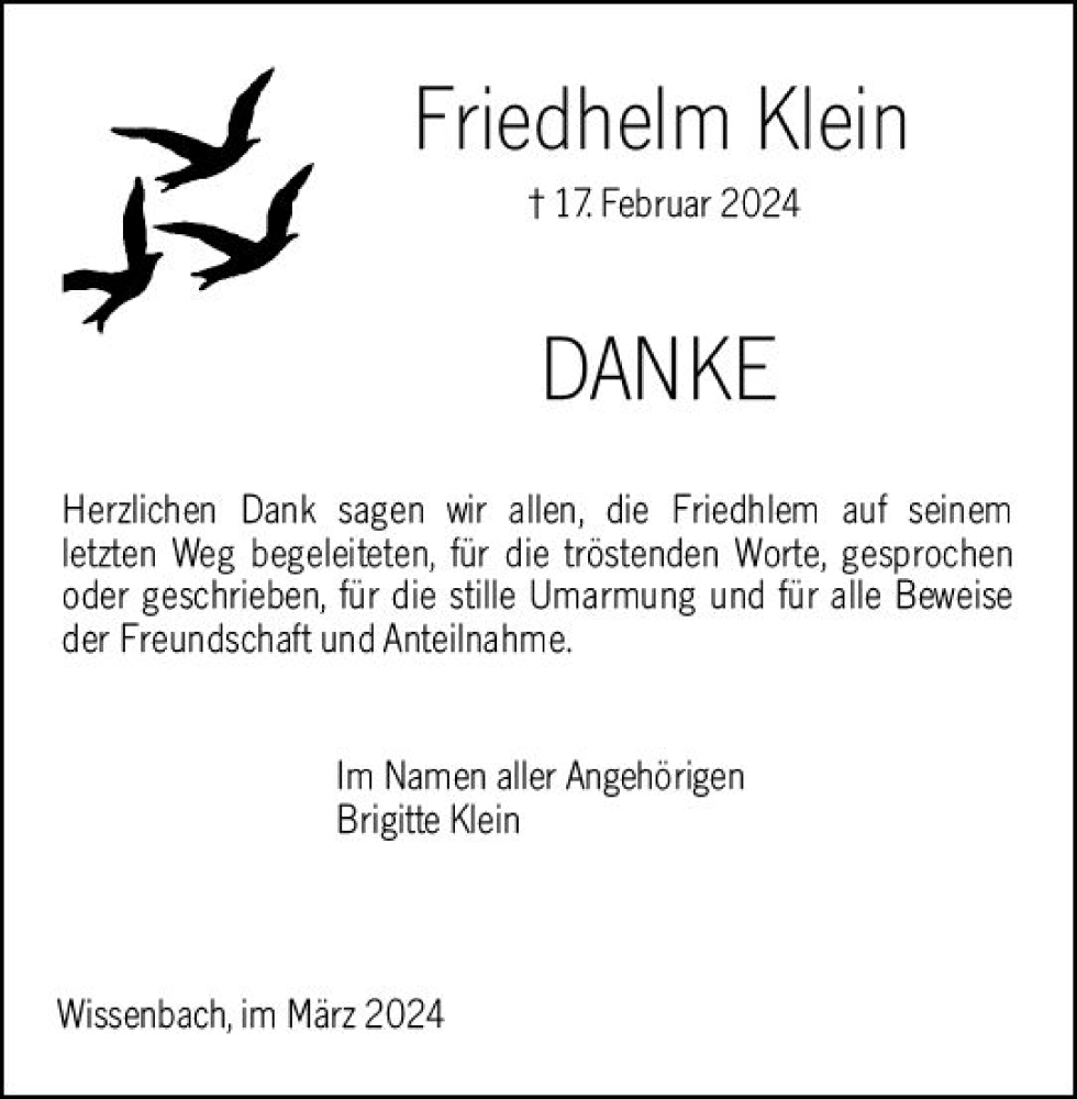  Traueranzeige für Friedhelm Klein vom 21.03.2024 aus Dill Block