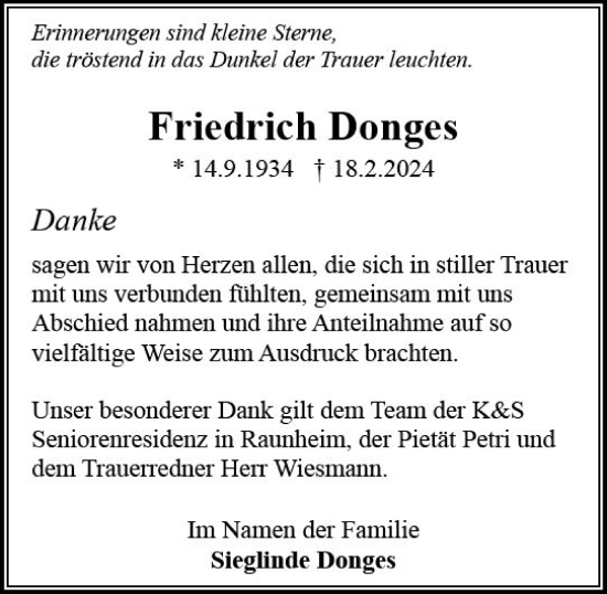 Traueranzeige von Friedrich Donges von Rüsselsheimer Echo