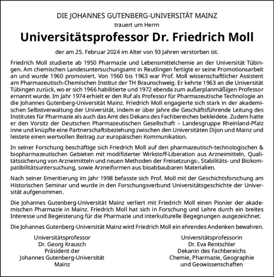 Traueranzeige von Friedrich Moll von Allgemeine Zeitung Mainz