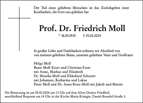 Traueranzeige von Friedrich Moll von Allgemeine Zeitung Mainz