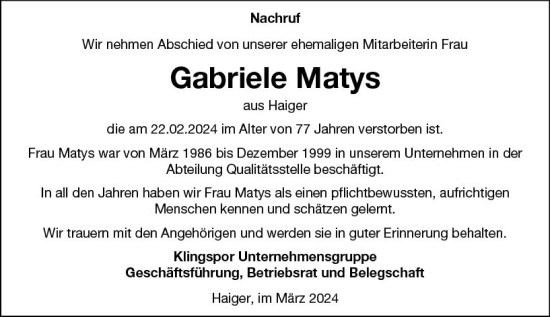 Traueranzeige von Gabriele Matys von Dill Block