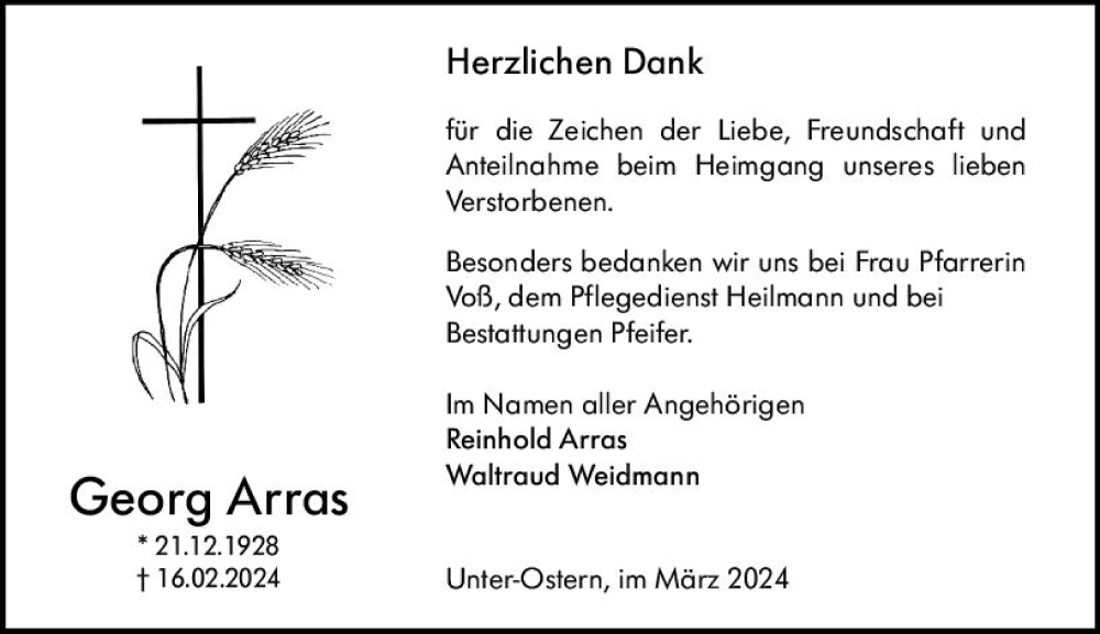  Traueranzeige für Georg Arras vom 30.03.2024 aus Odenwälder Echo