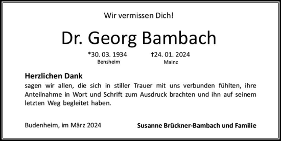 Traueranzeige von Georg Bambach von Allgemeine Zeitung Mainz