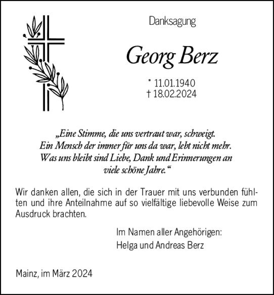  Traueranzeige für Georg Berz vom 23.03.2024 aus Allgemeine Zeitung Mainz