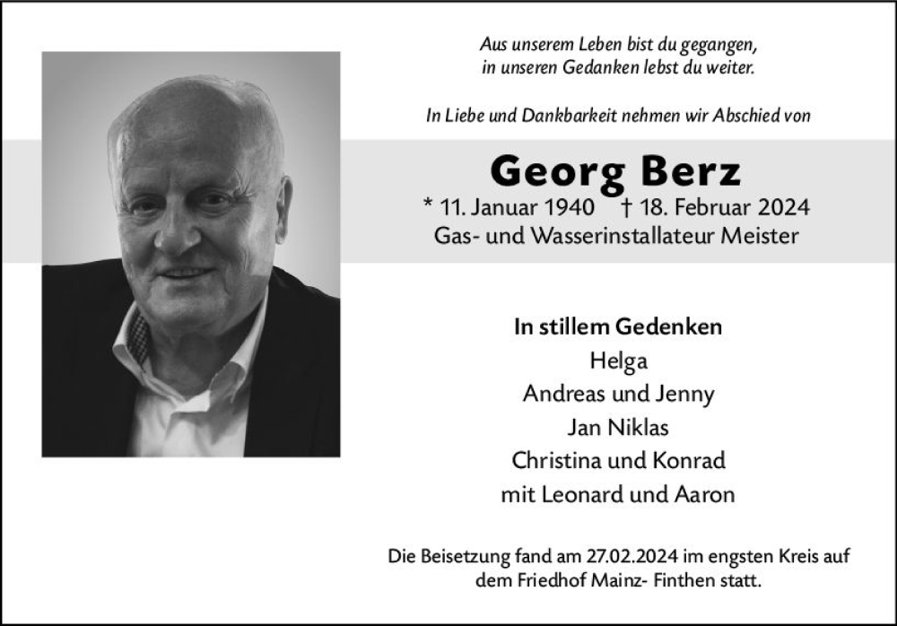  Traueranzeige für Georg Berz vom 02.03.2024 aus Allgemeine Zeitung Mainz
