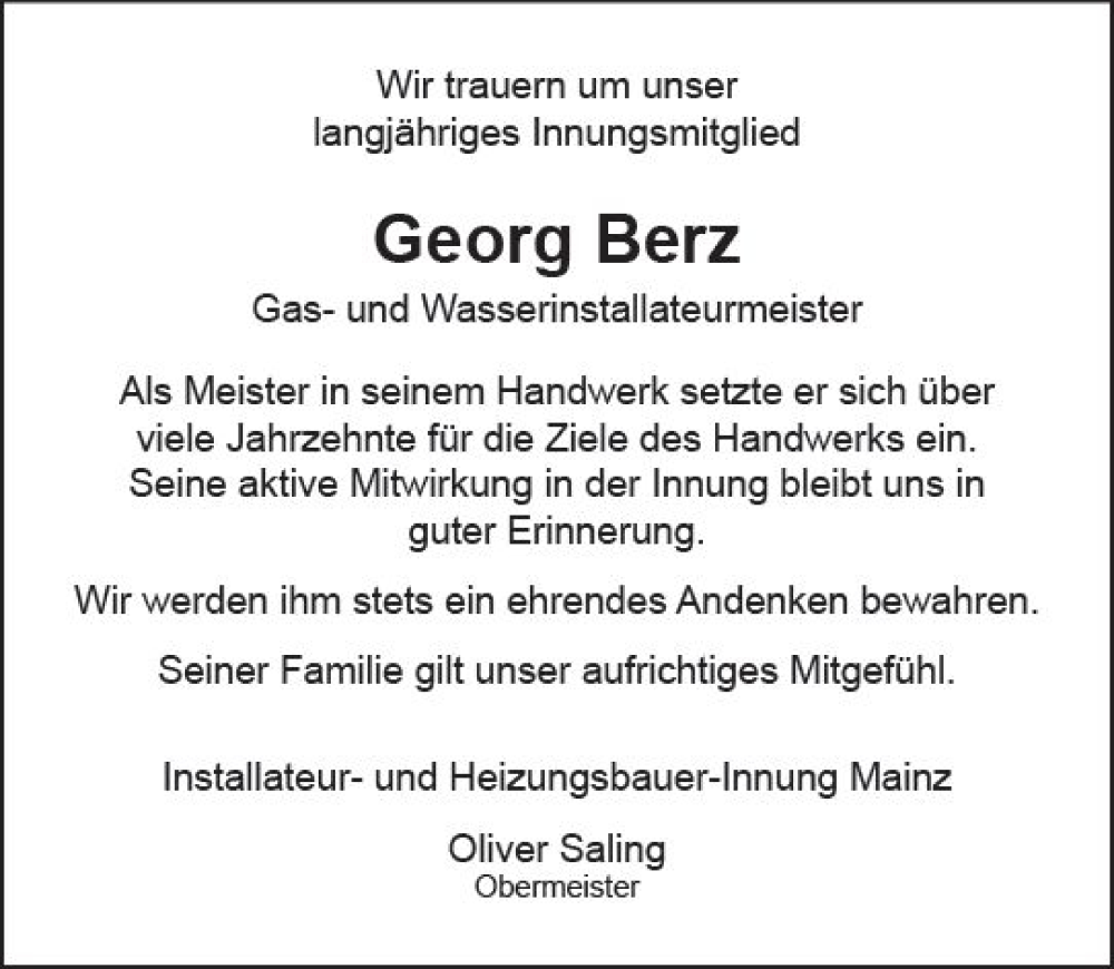  Traueranzeige für Georg Berz vom 09.03.2024 aus Allgemeine Zeitung Mainz