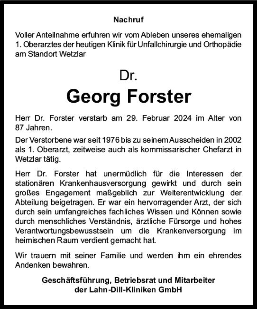  Traueranzeige für Georg Forster vom 21.03.2024 aus Wetzlarer Neue Zeitung