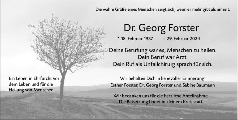  Traueranzeige für Georg Forster vom 11.03.2024 aus Wetzlarer Neue Zeitung