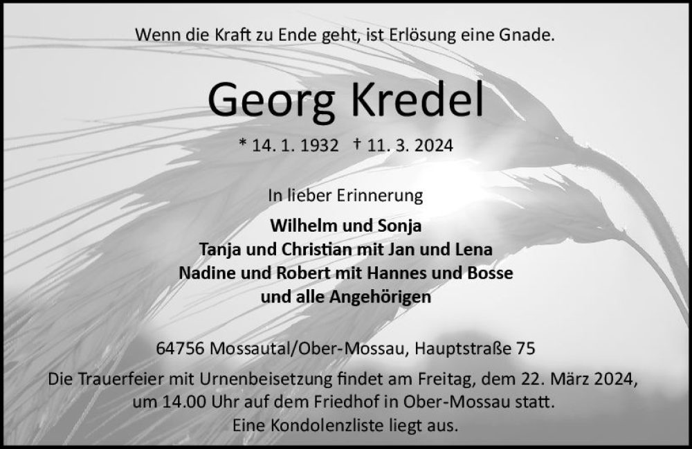  Traueranzeige für Georg Kredel vom 16.03.2024 aus Odenwälder Echo