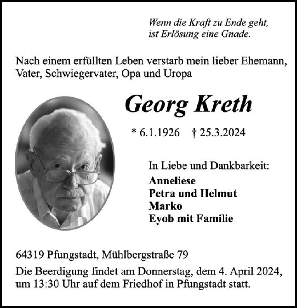  Traueranzeige für Georg Kreth vom 30.03.2024 aus Darmstädter Echo