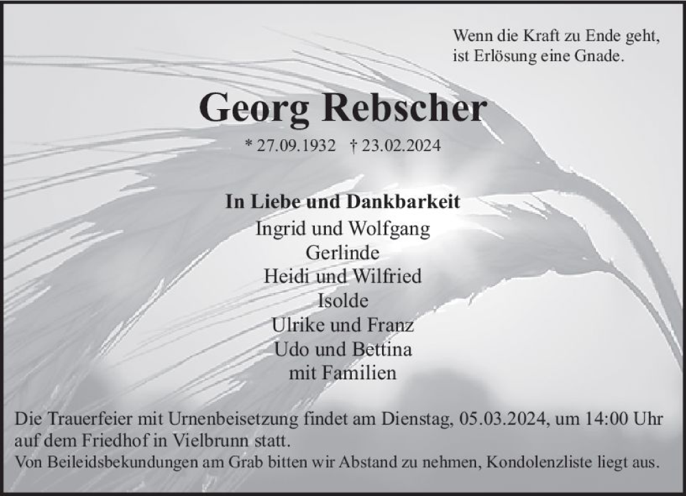  Traueranzeige für Georg Rebscher vom 02.03.2024 aus Odenwälder Echo